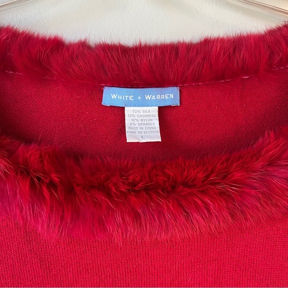 White + Warren Red Holiday Silk and Cashmere Fur Trim Sweater - Picture 2 of 6